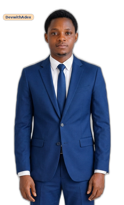 Adex, founder of DevwithAdex, in a navy suit, shown from head to waist